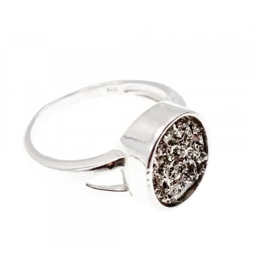 925 Sterling Silver Druzy Pyrite Ring Size 10.5